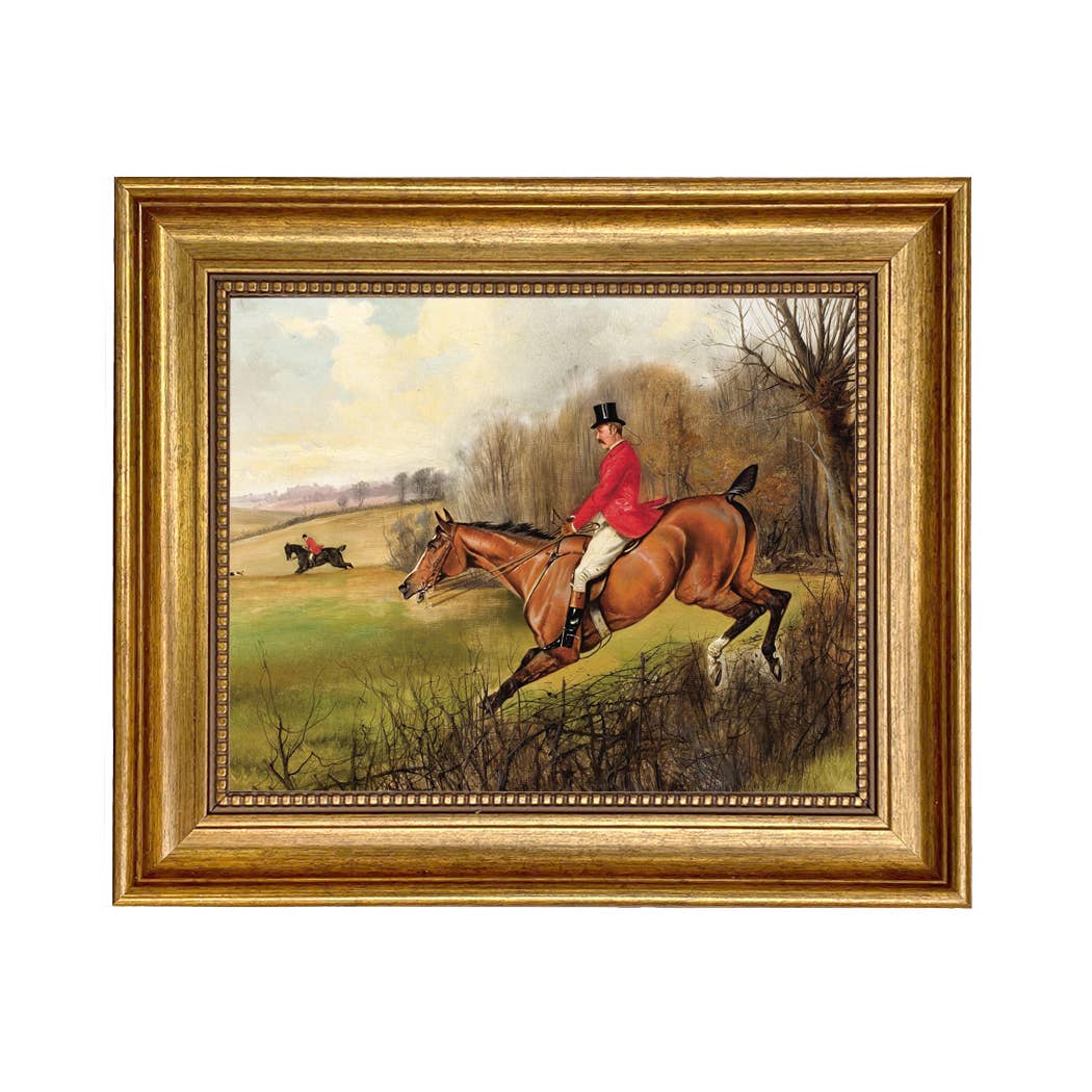 Over the Hedge Fox Hunt Scene Vintage Painting Print on Canvas: 5" x 6"