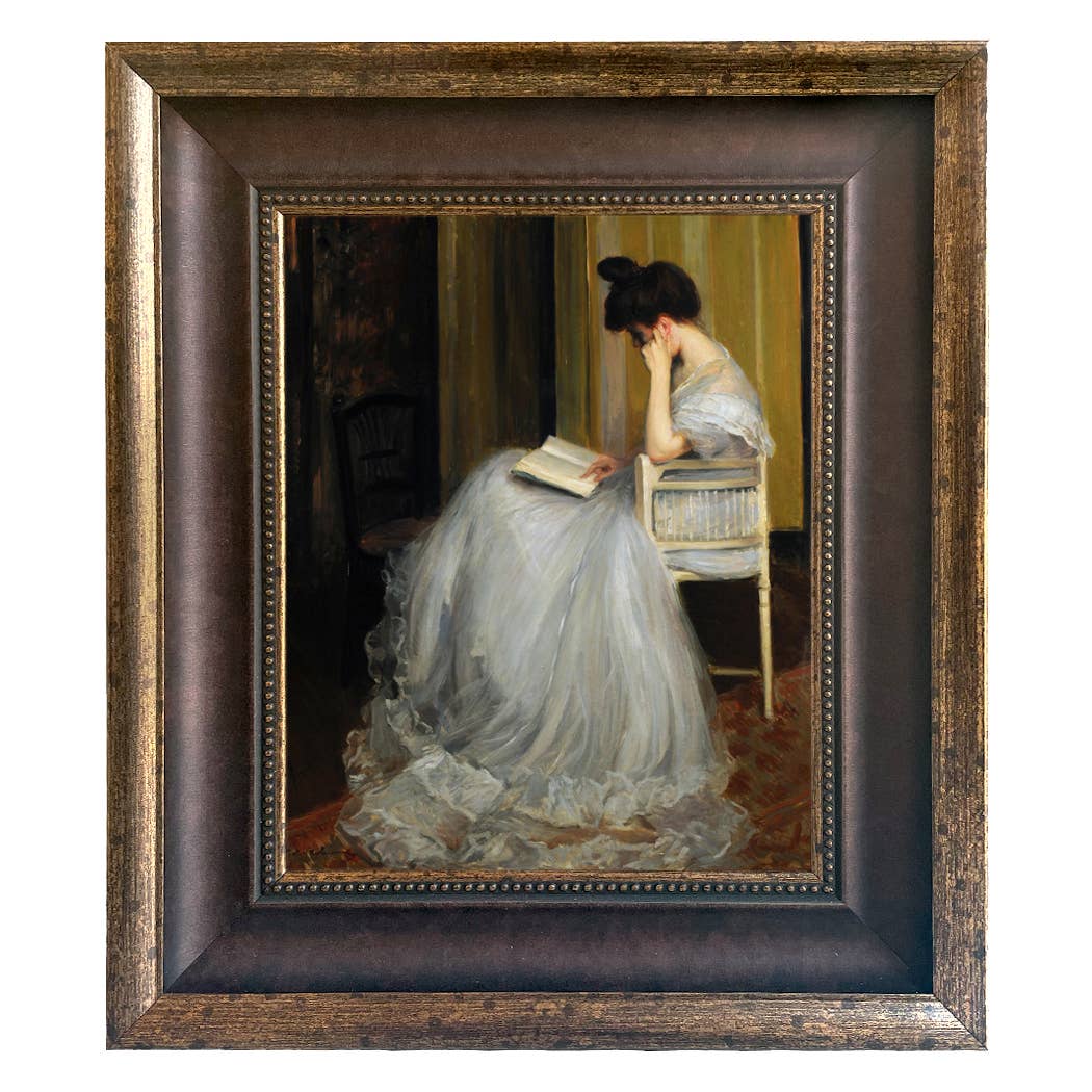 Woman Reading | Vintage Framed Painting Print on Canvas: Antiqued Gold / 5" x 6"