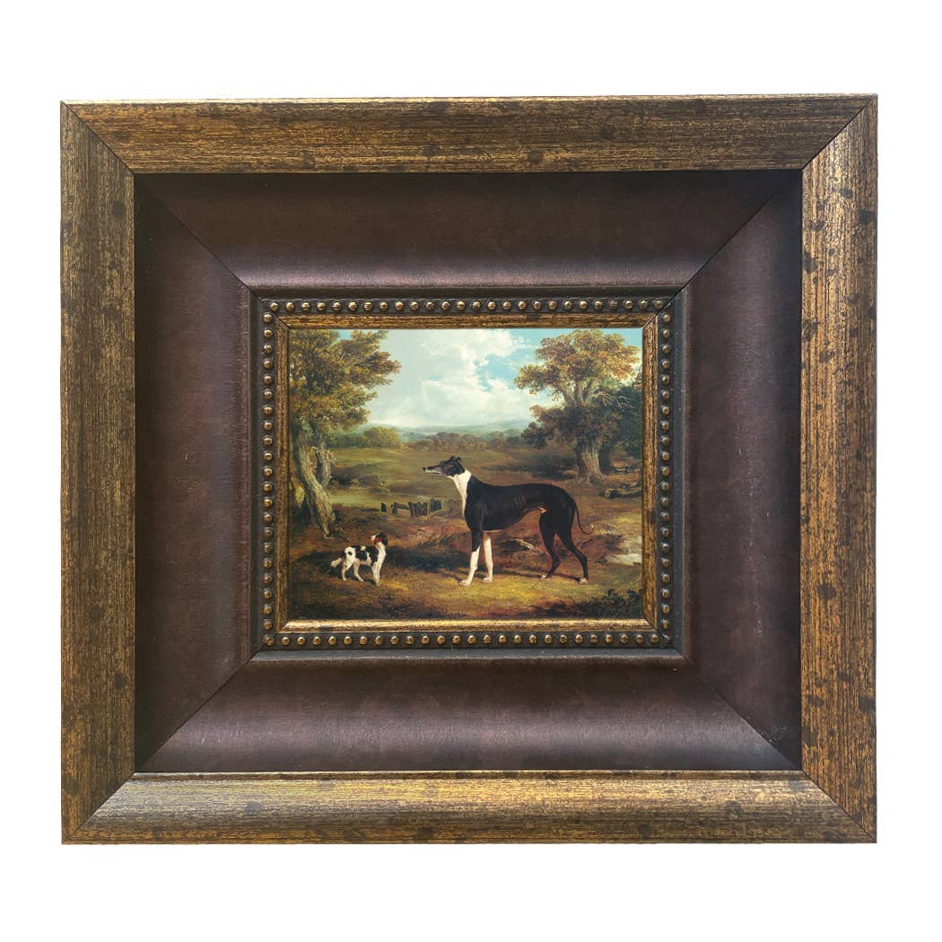 Greyhound and King Charles Spaniel Painting Print on Canvas: Wide Distressed Black/Copper-Bead / 5" x 6"