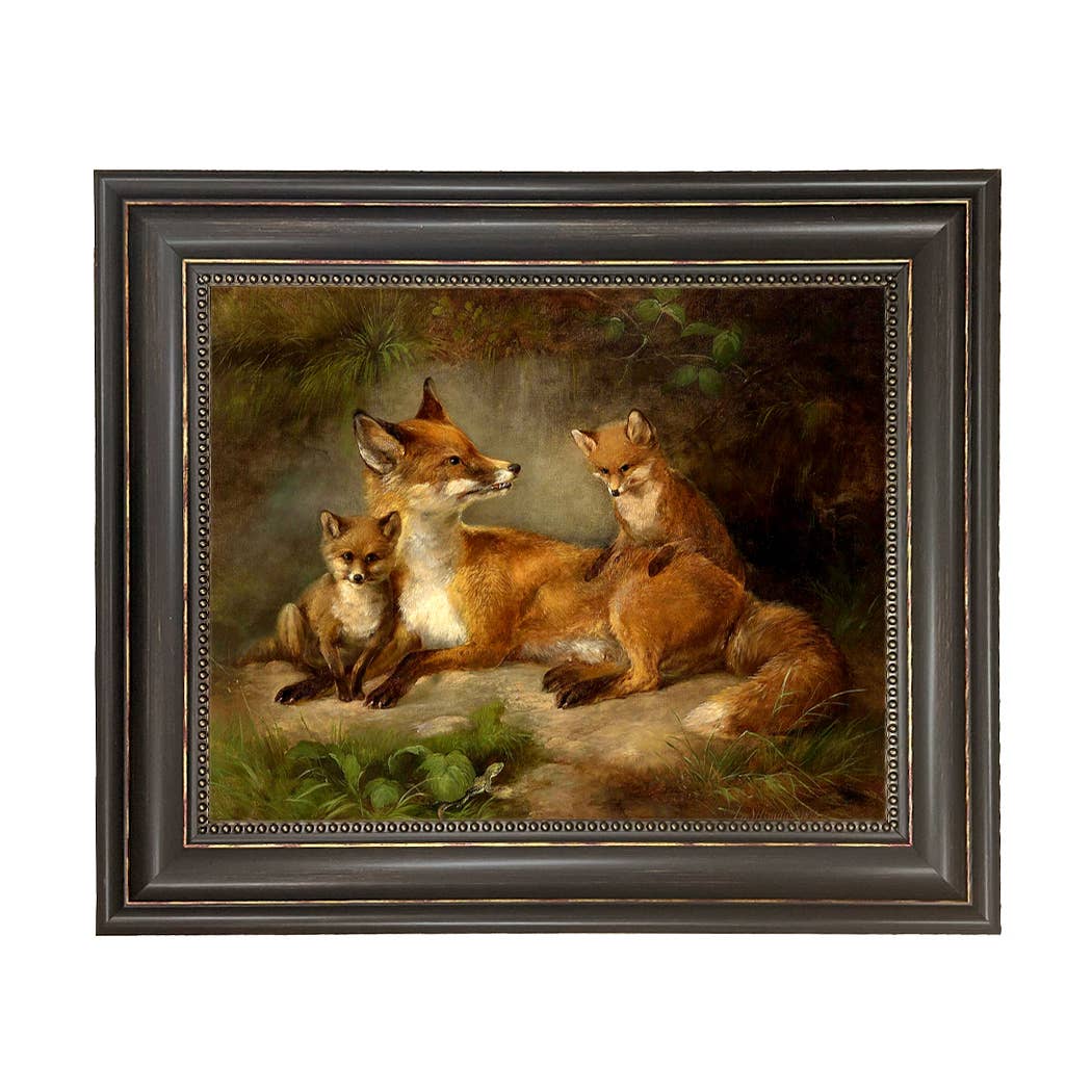 Family of Foxes Vintage Painting Print on Canvas Wall Art: Gold Florentine Leaf / 5" x 6"