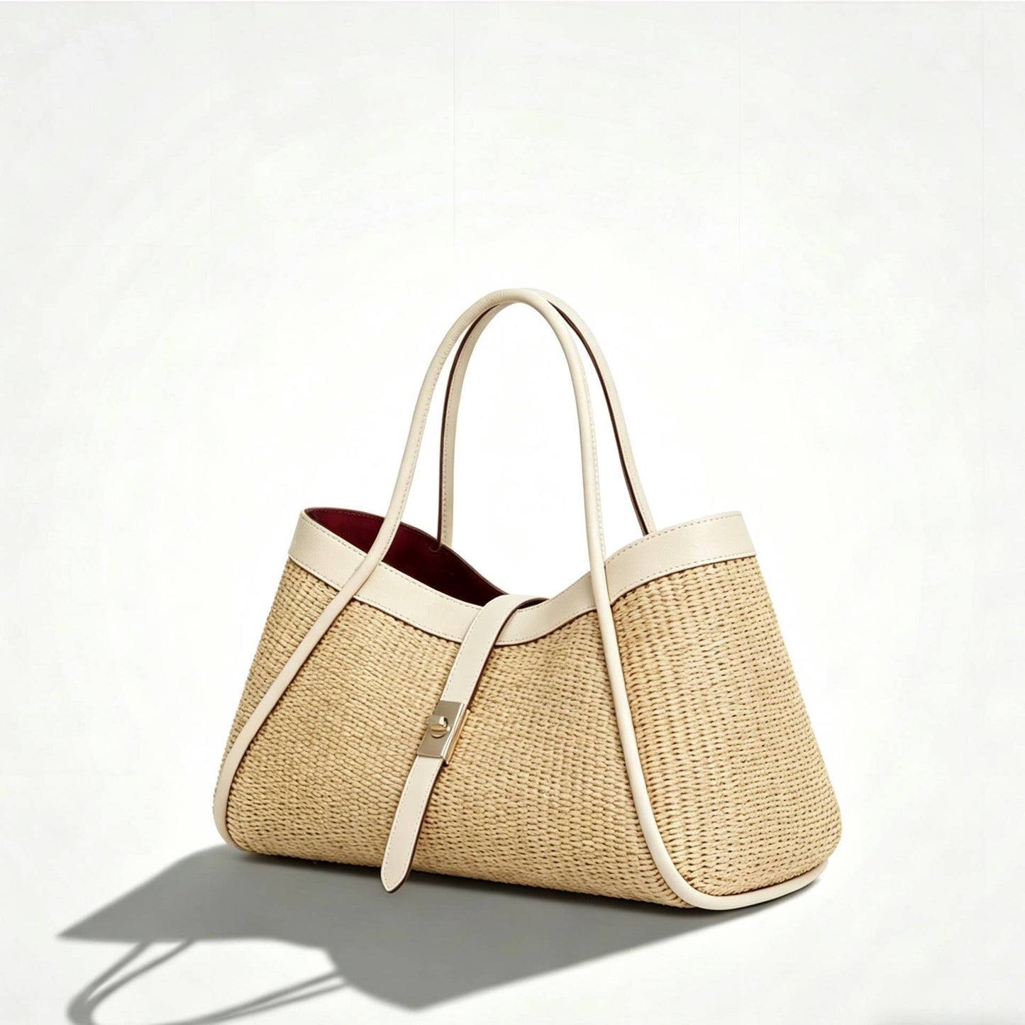 Medium raffia bag with Togo leather details 35x20x15 cm: Cognac
