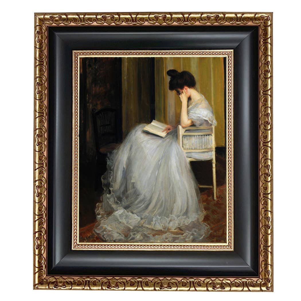 Woman Reading | Vintage Framed Painting Print on Canvas: Antiqued Gold / 5" x 6"
