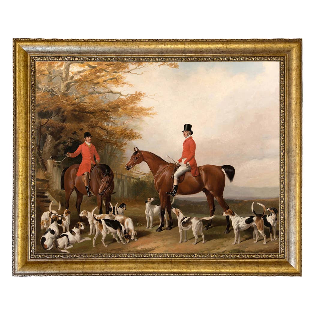 The Meeting Fox Hunt Scene Vintage Painting Print on Canvas: Gold Florentine Leaf / 8" x 10"