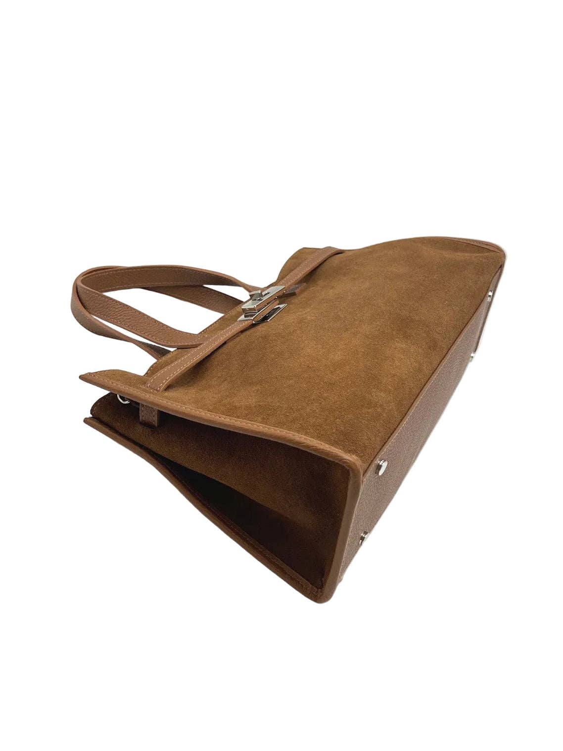 Suede and Genuine Leather Handbag with Crossbody Strap,  Made in Italy, art. 112782: Brown