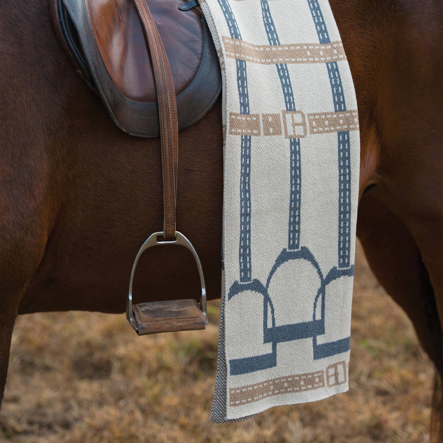 Cotton Sustainable Knit Throw Blanket - Equestrian Stirrup: Beige