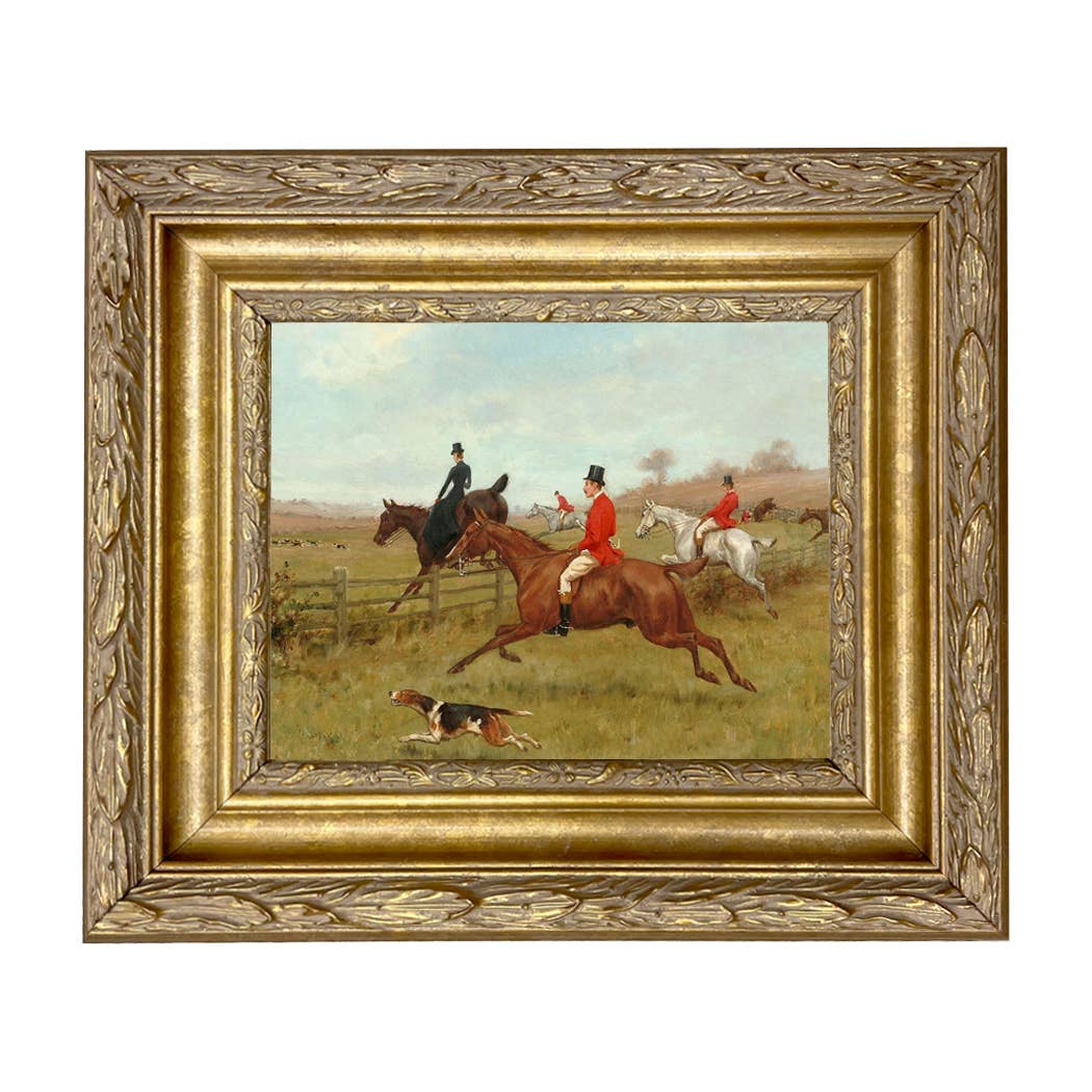 The Chase, Fox Hunting Vintage Painting Print : Antiqued Gold / 5" x 6"