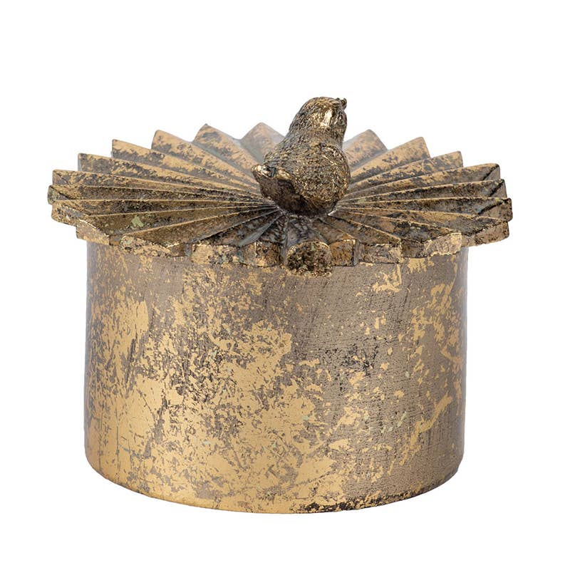 5x5x4" Resin Antique Gold Trinket Box with Bird Accents