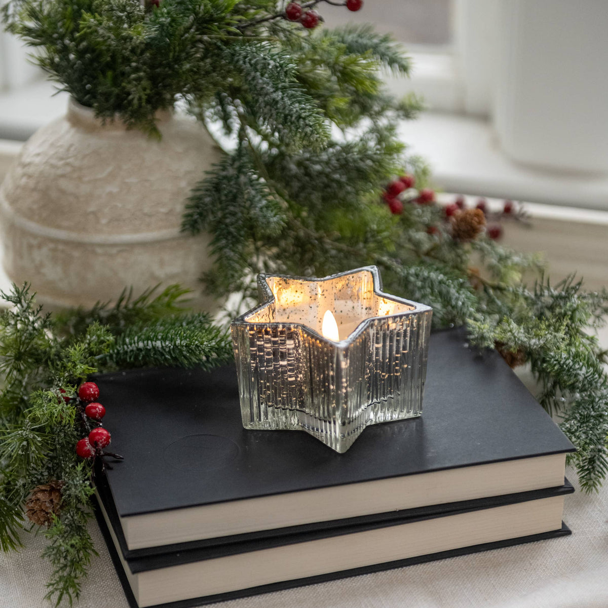 4.5" SILVER MERCURY GLASS STAR 3D FLAME CANDLE
