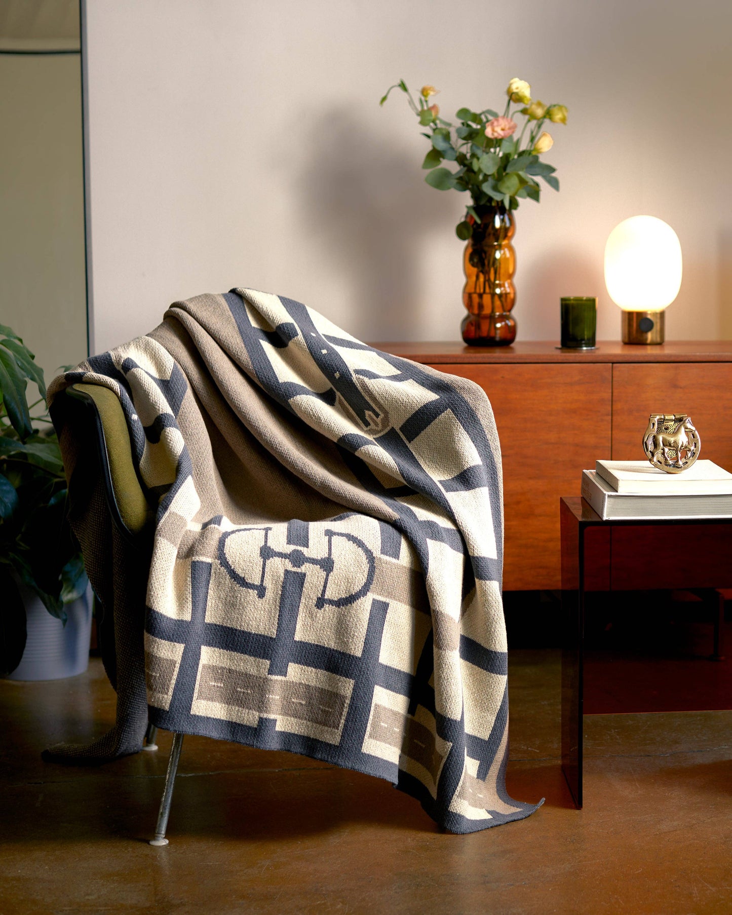 Cotton Sustainable Knit Throw Blanket - Equestrian Lattice: Beige