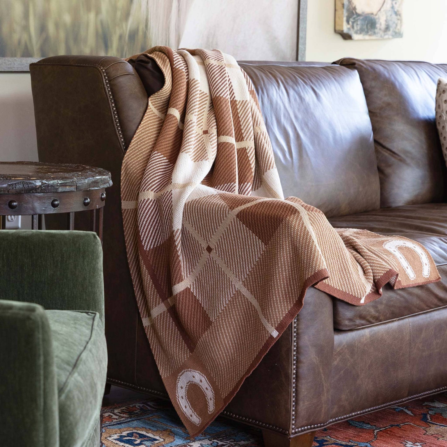 Cotton Sustainable Knit Stripe Throw Blanket - Equestrian Barn Plaid: Green