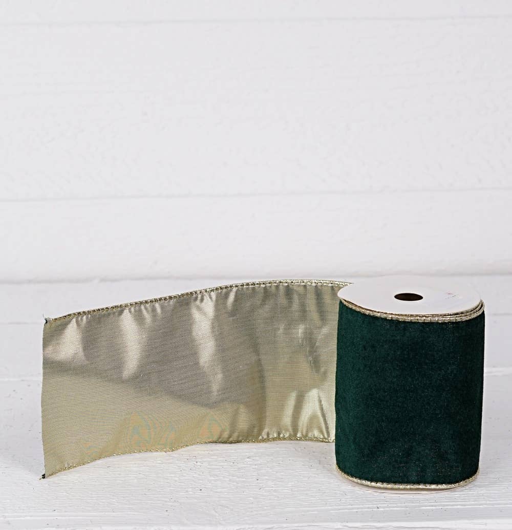 R32987-Wired Ribbon-Green hard velvet w. Gold Back (4inW)