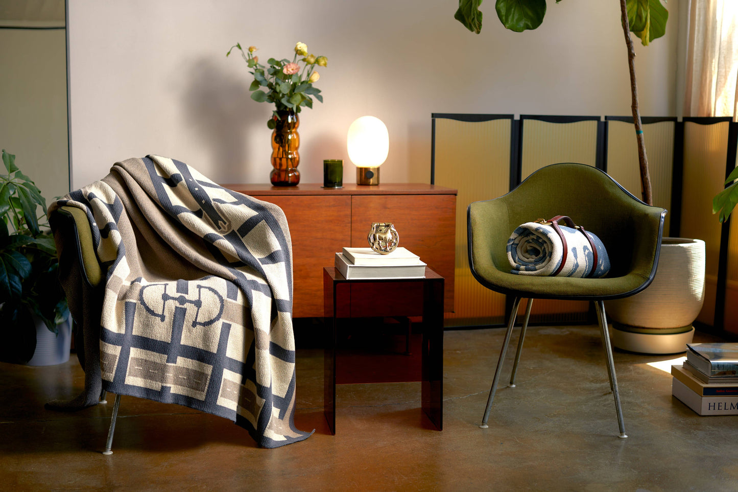 Cotton Sustainable Knit Throw Blanket - Equestrian Lattice: Beige