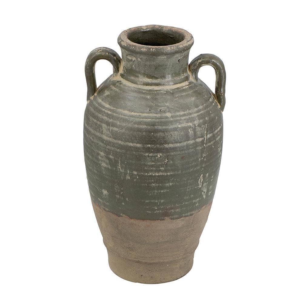 D8.5x15.5" Terracotta Amphora Vase w/ Aged Green Finish