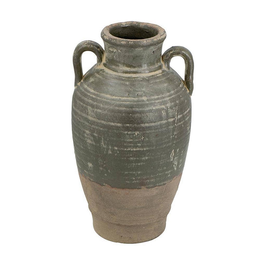 D8.5x15.5" Terracotta Amphora Vase w/ Aged Green Finish