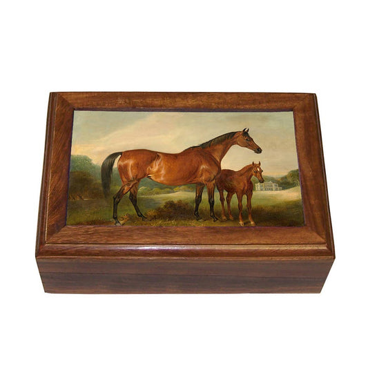 Beeswing and Foal Decorative Vintage Wood Trinket Box: Wood and glass / Small
