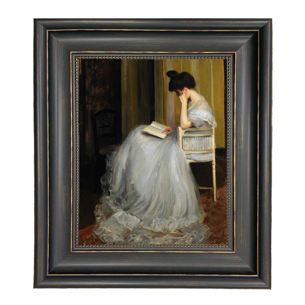 Woman Reading | Vintage Framed Painting Print on Canvas: Antiqued Gold / 5" x 6"