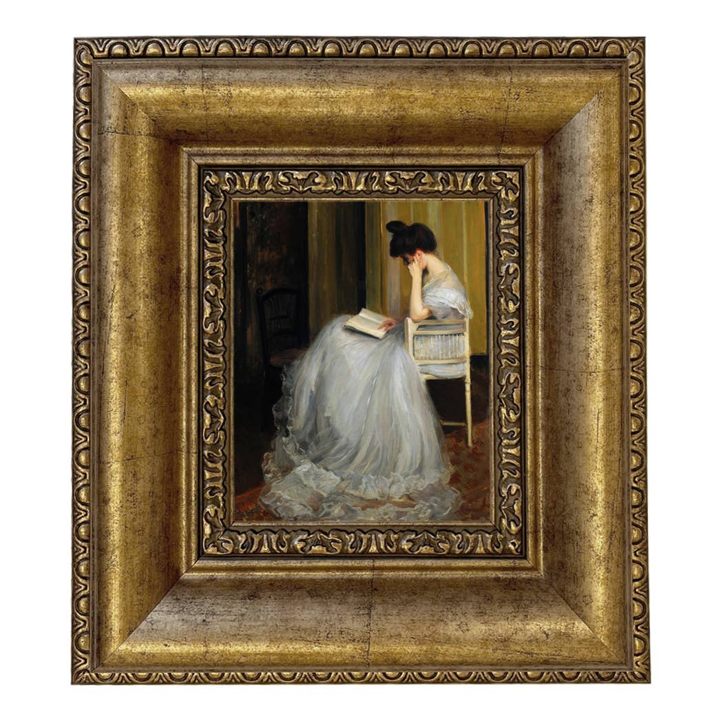 Woman Reading | Vintage Framed Painting Print on Canvas: Antiqued Gold / 5" x 6"