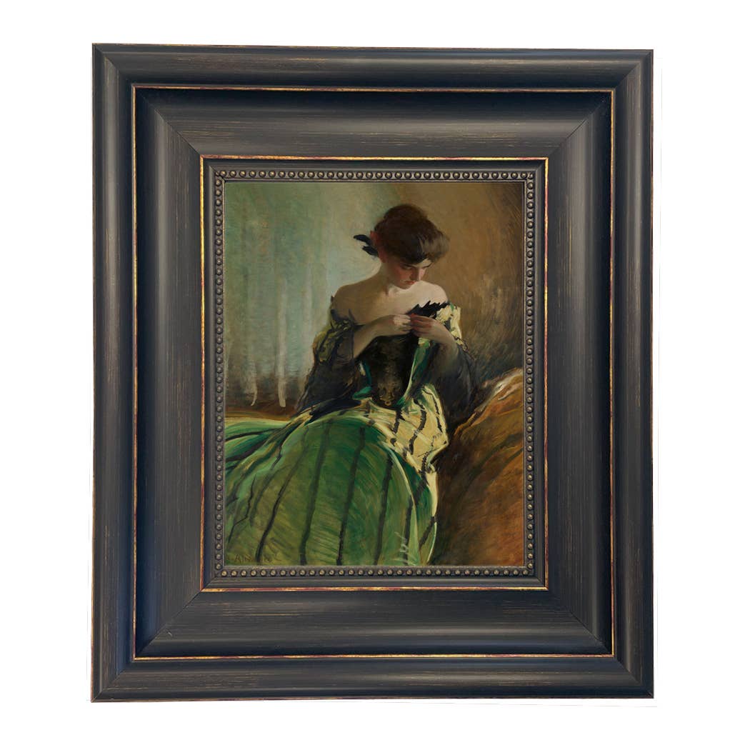 Woman in Black and Green Dress Vintage Canvas Painting Print: Ornate Antiqued Gold / 8" x 10"
