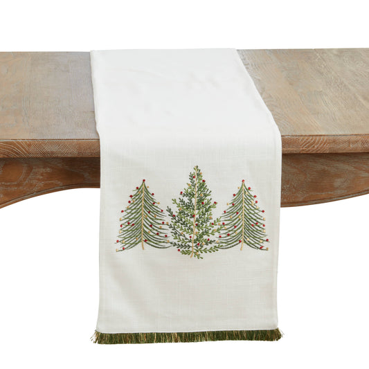 Embroidered Christmas Trees Table Runner: Ivory / 13"x72"
