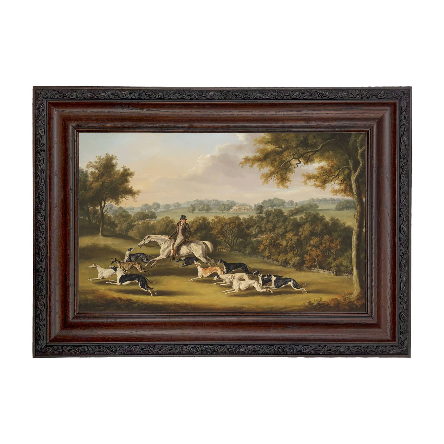 Horse & Hunter with Greyhounds by William Davis | Wall decor: Gold Florentine Leaf / 7″ x 11″