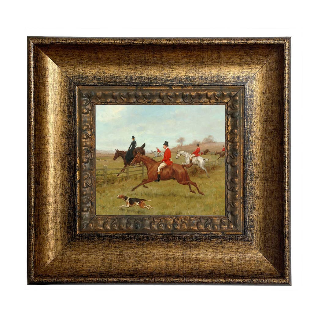 The Chase, Fox Hunting Vintage Painting Print : Antiqued Gold / 5" x 6"