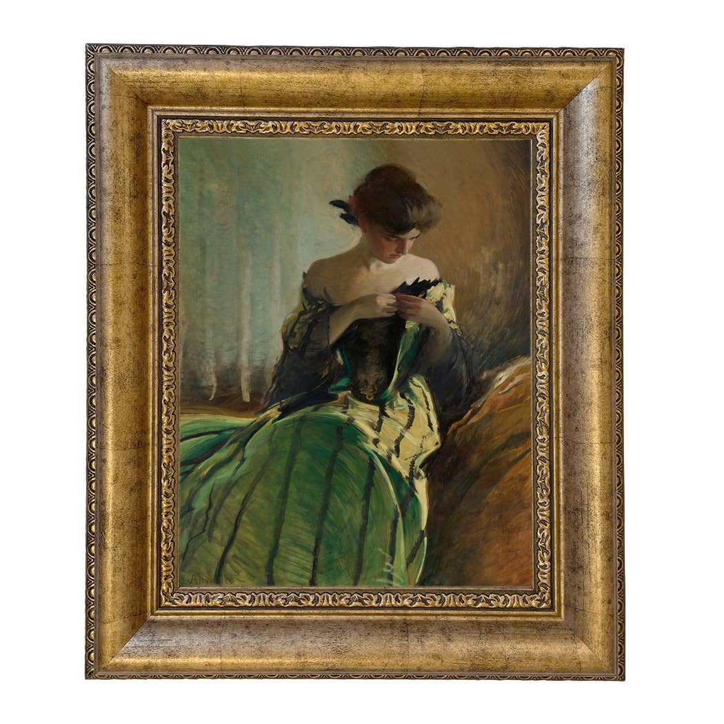 Woman in Black and Green Dress Vintage Canvas Painting Print: Ornate Antiqued Gold / 8" x 10"