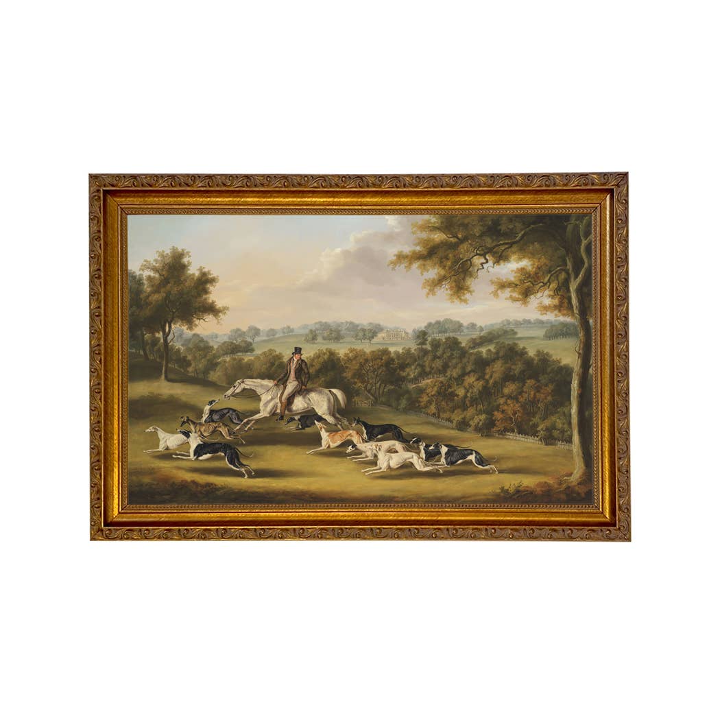 Horse & Hunter with Greyhounds by William Davis | Wall decor: Gold Florentine Leaf / 7″ x 11″