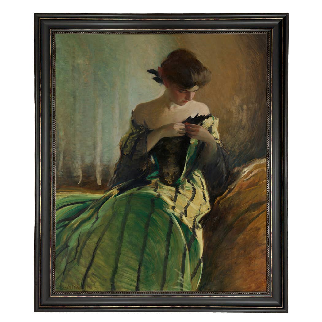 Woman in Black and Green Dress Vintage Canvas Painting Print: Ornate Antiqued Gold / 8" x 10"