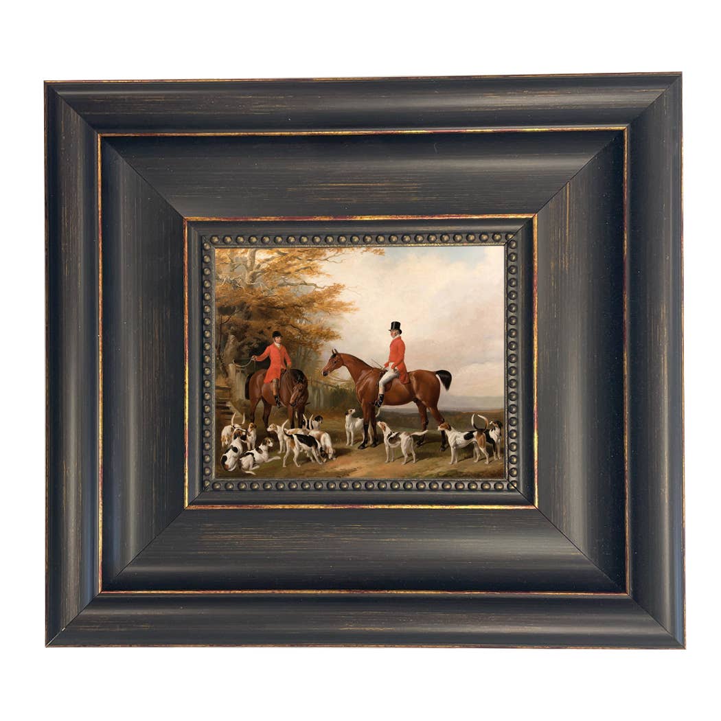 The Meeting Fox Hunt Scene Vintage Painting Print on Canvas: Gold Florentine Leaf / 8" x 10"