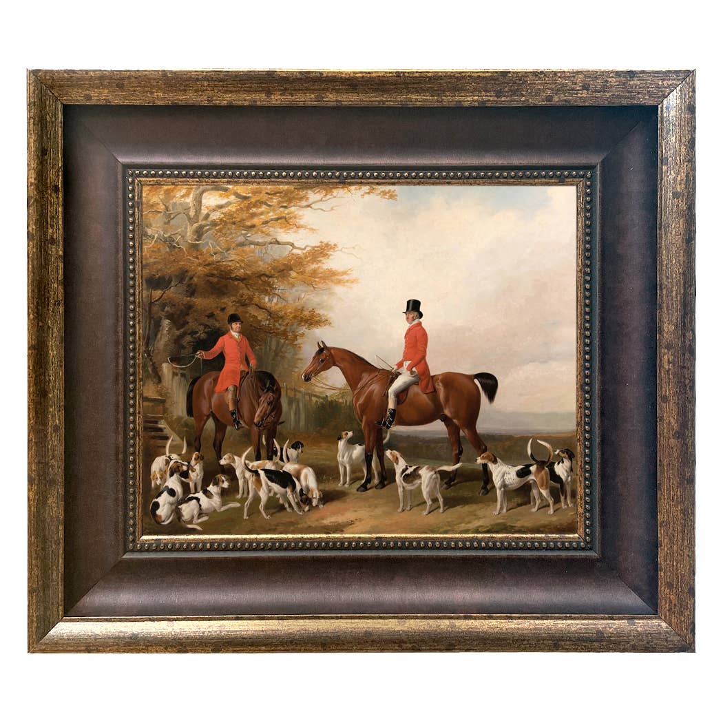 The Meeting Fox Hunt Scene Vintage Painting Print on Canvas: Gold Florentine Leaf / 8" x 10"
