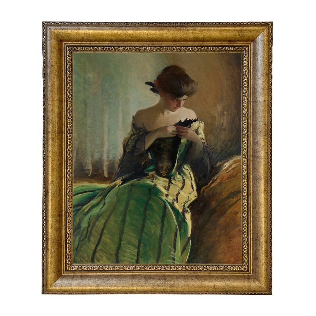Woman in Black and Green Dress Vintage Canvas Painting Print: Ornate Antiqued Gold / 8" x 10"