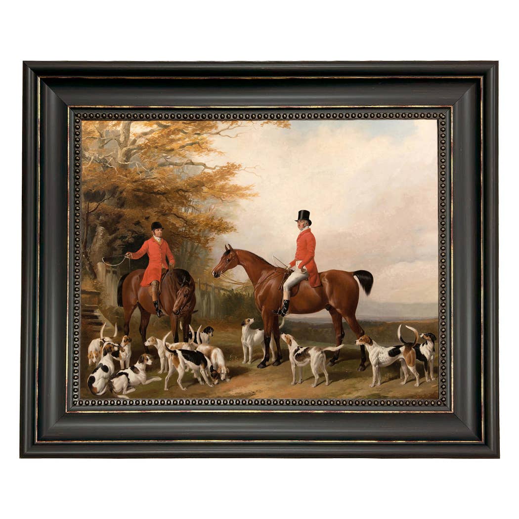 The Meeting Fox Hunt Scene Vintage Painting Print on Canvas: Gold Florentine Leaf / 8" x 10"