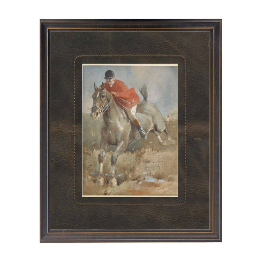 Vintage horse and rider matted in dark brown leather: Beaded Black Frame 1315-65 / 8" X 10"