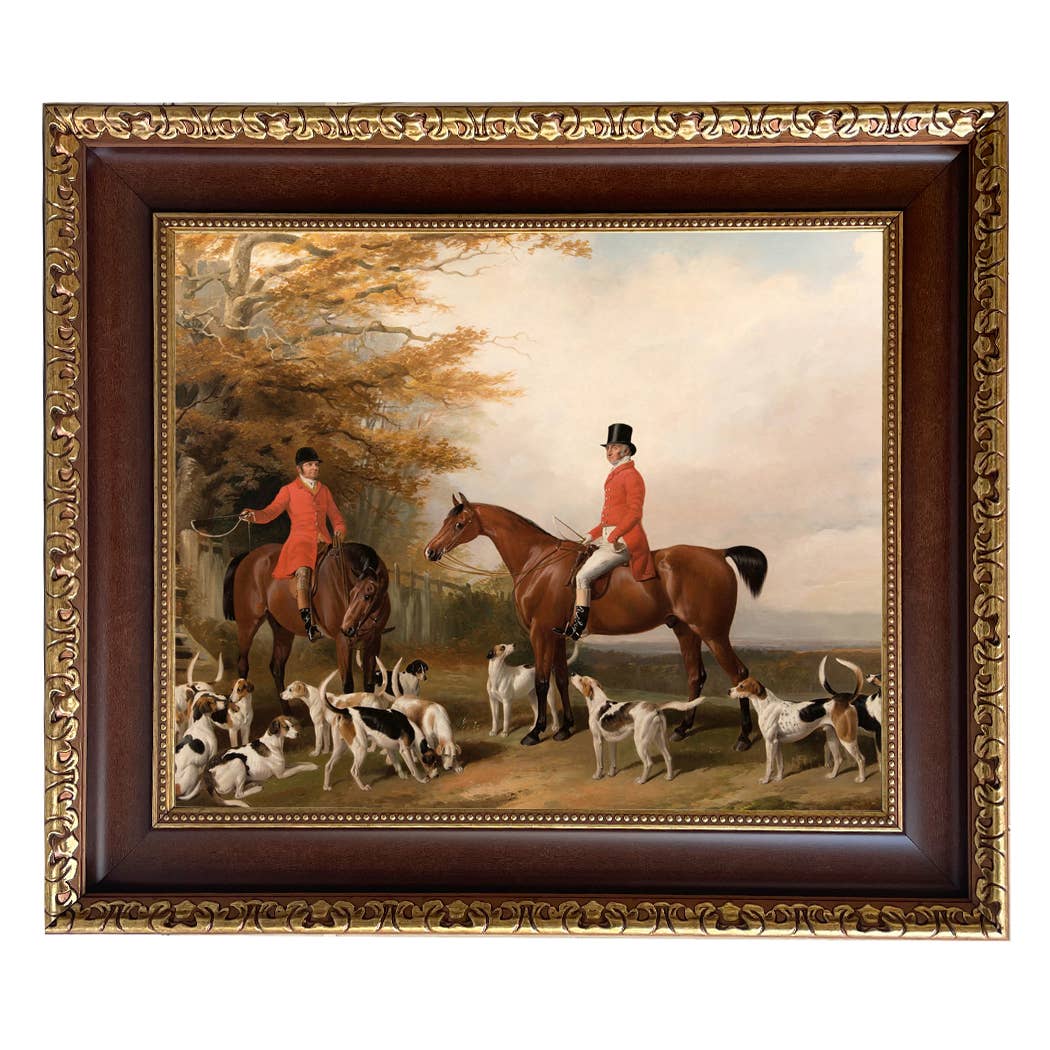 The Meeting Fox Hunt Scene Vintage Painting Print on Canvas: Gold Florentine Leaf / 8" x 10"