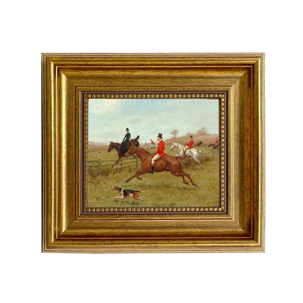 The Chase, Fox Hunting Vintage Painting Print : Antiqued Gold / 5" x 6"
