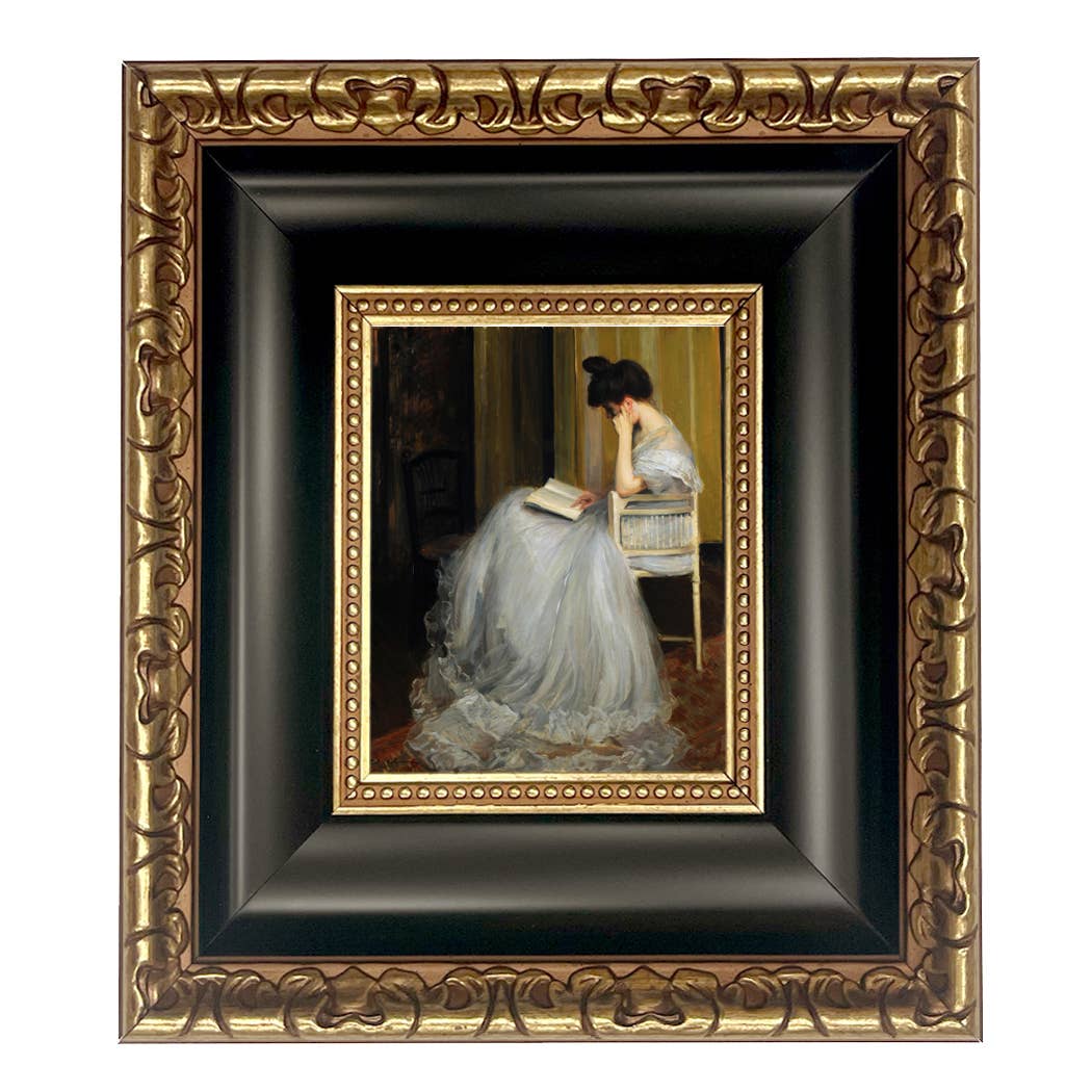 Woman Reading | Vintage Framed Painting Print on Canvas: Antiqued Gold / 5" x 6"
