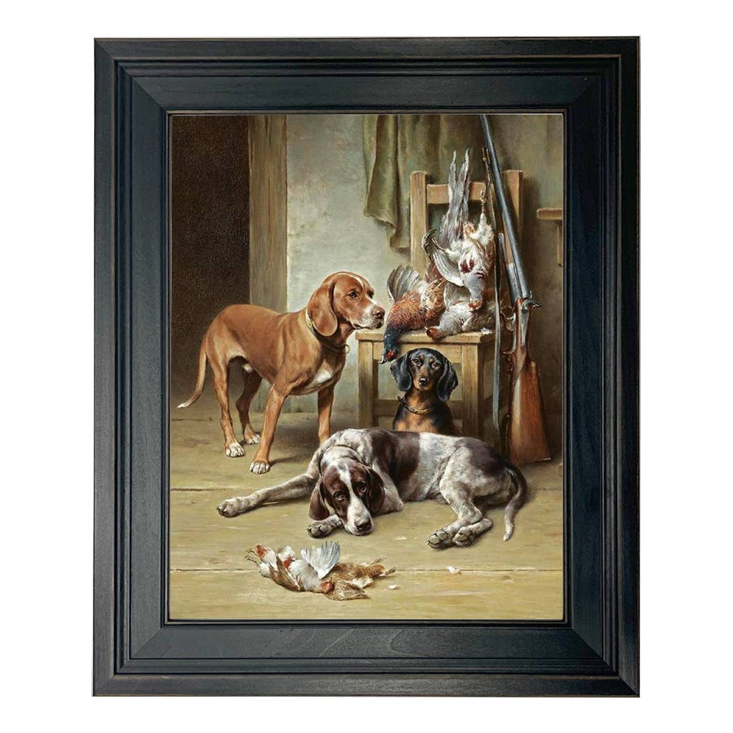 Hounds and Game Vintage Framed Painting Print on Canvas: 5" x 6"