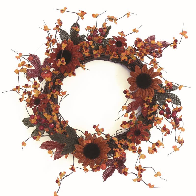 BITTERSWEET WREATH ON TWIG BASE W/BURLAP FLOWERS, LEAVES