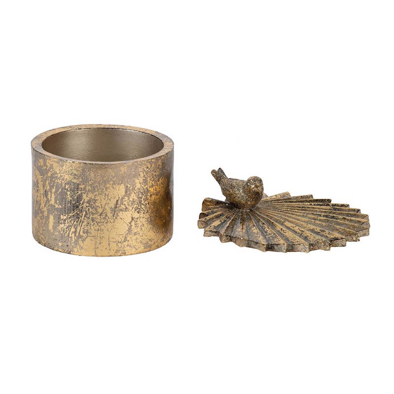 5x5x4" Resin Antique Gold Trinket Box with Bird Accents