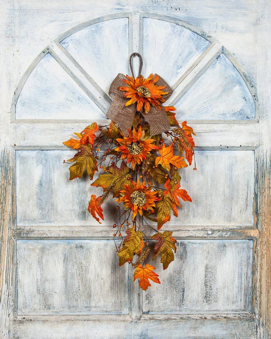 Fall Drop W/Sunflowers, Wheat, Berries, and Autumn Leaves.