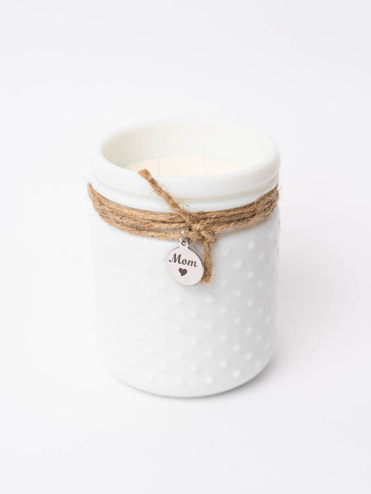 Vintage White Hobnail Candle with Mom/Heart Charm: Summer Dreams