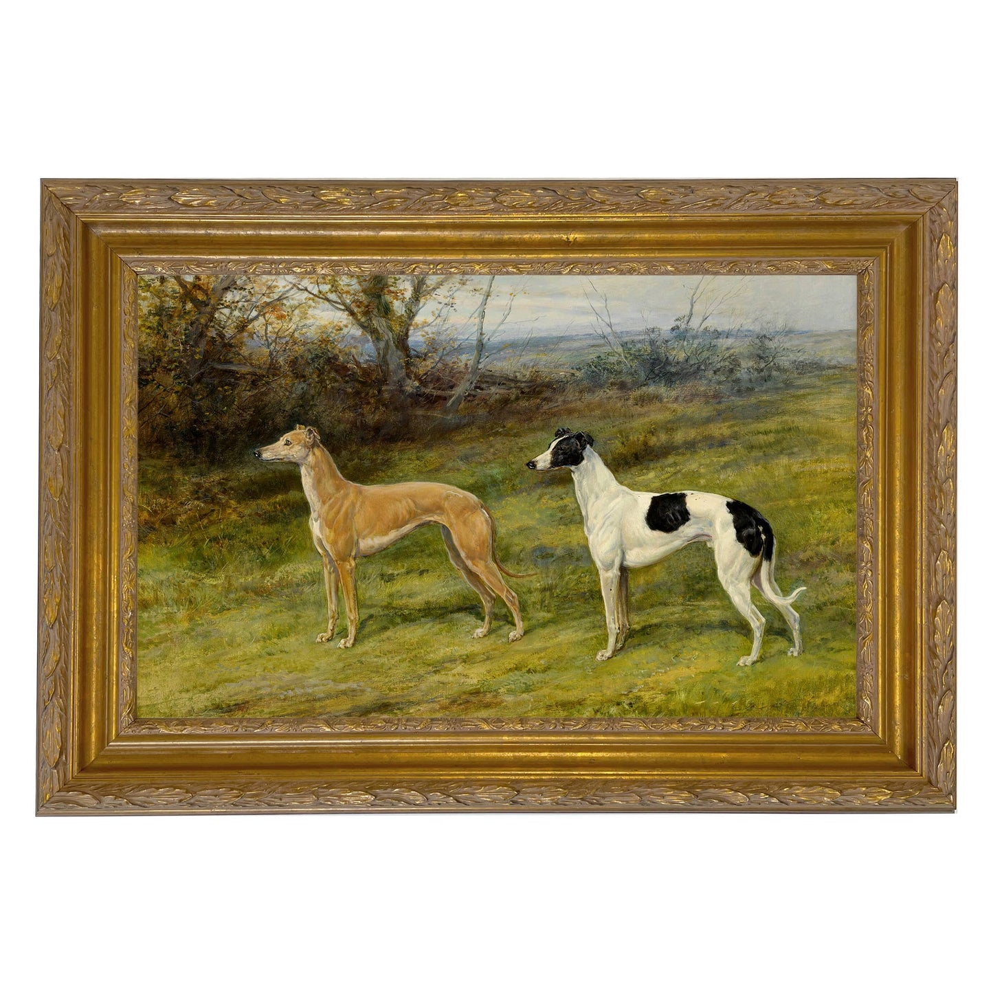 Two Greyhounds by Heywood Hardy Painting Print | Wall art: Ornate Antiqued Gold/Gesso / 7″ x 11″