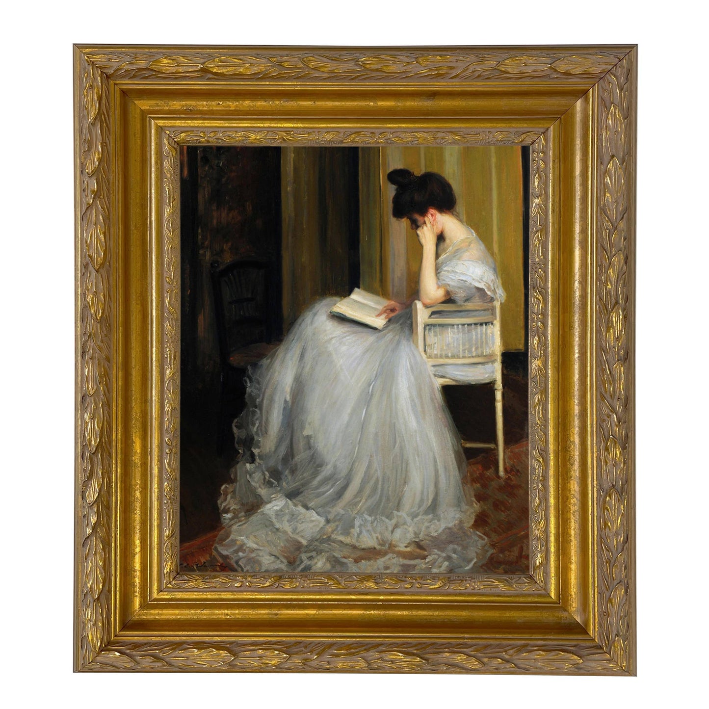 Woman Reading | Vintage Framed Painting Print on Canvas: Antiqued Gold / 5" x 6"