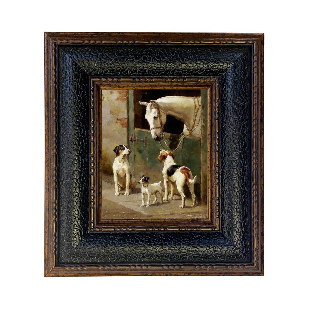 Dog and Horse at Stable Vintage Painting Print on Canvas: Leather-look Black/Antiqued Gold / 5" x 6"