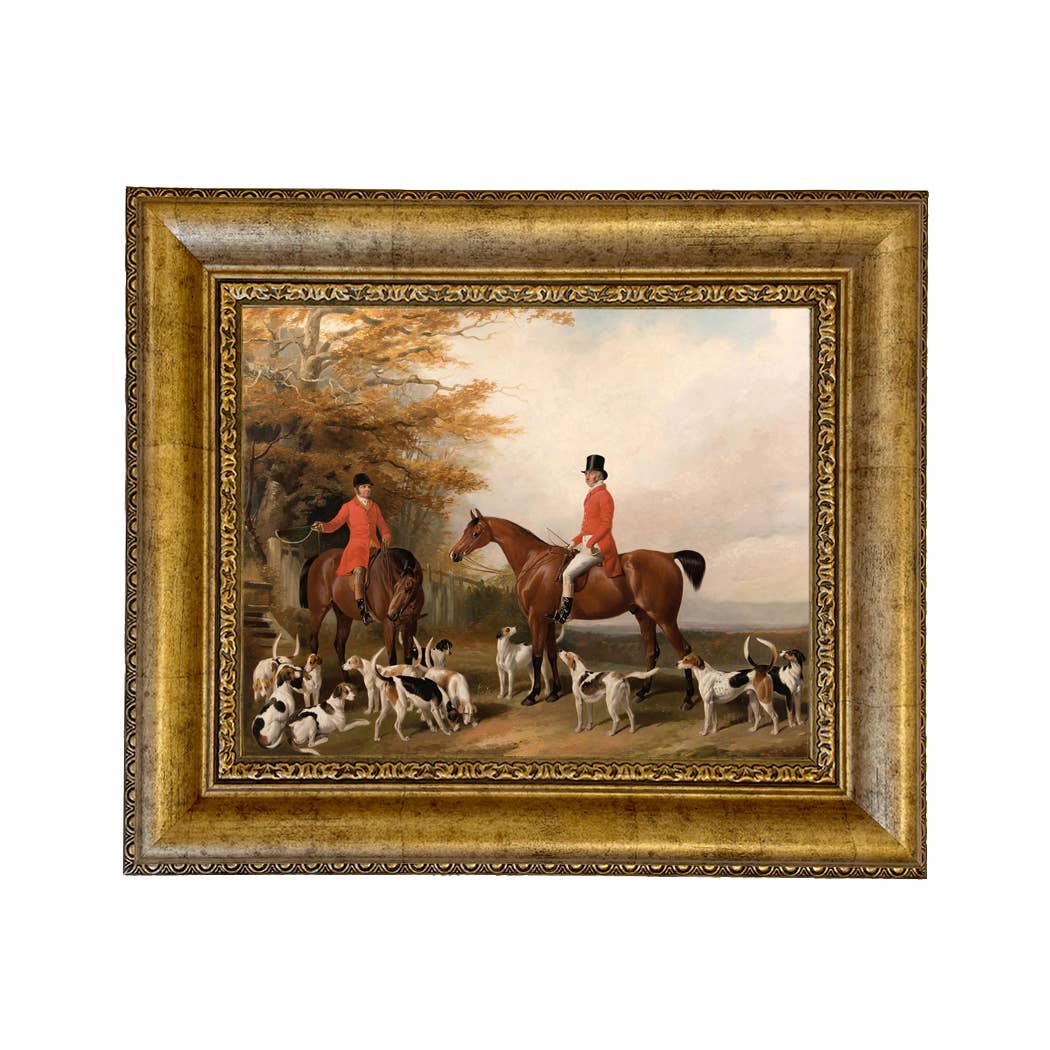 The Meeting Fox Hunt Scene Vintage Painting Print on Canvas: Gold Florentine Leaf / 8" x 10"