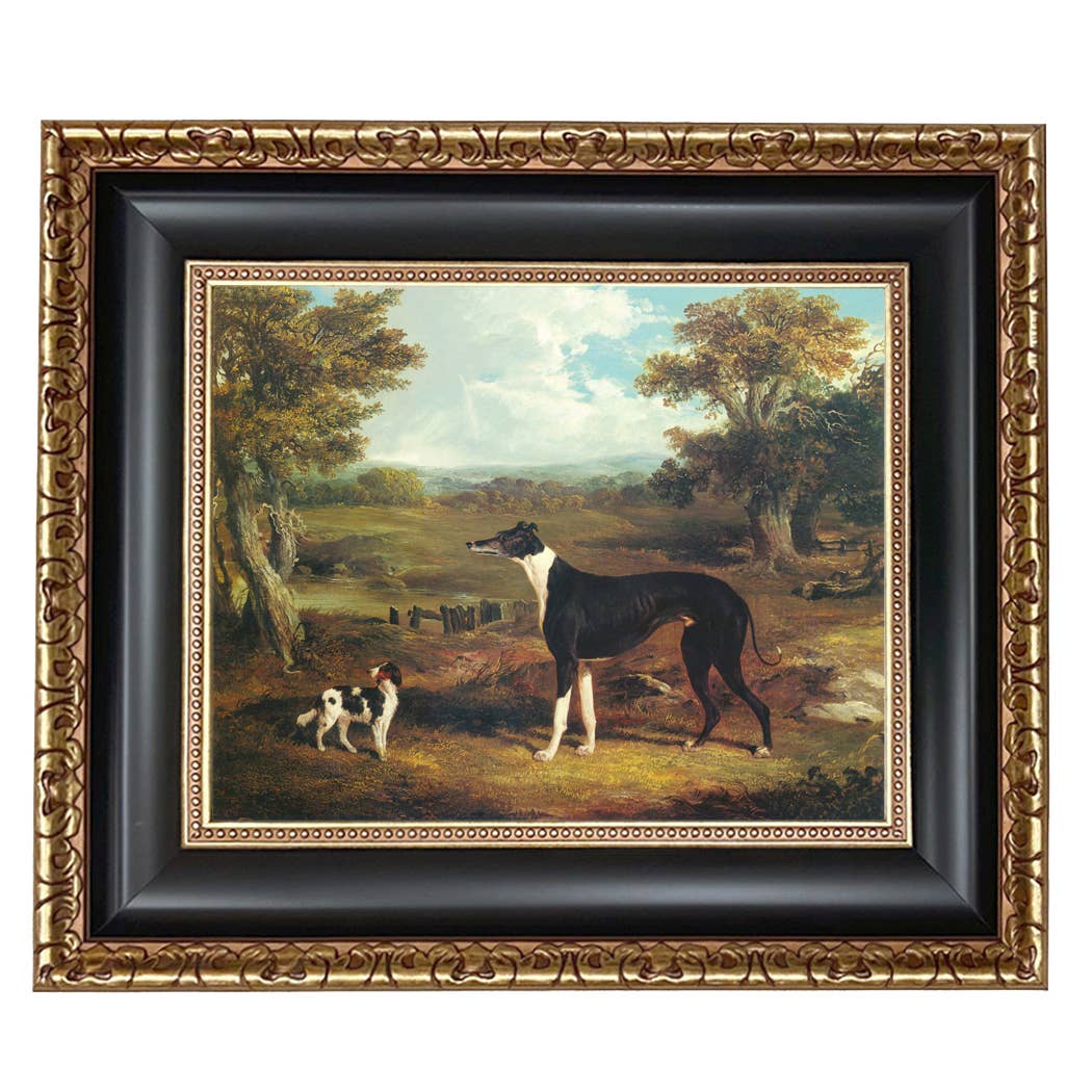 Greyhound and King Charles Spaniel Painting Print on Canvas: Wide Distressed Black/Copper-Bead / 5" x 6"