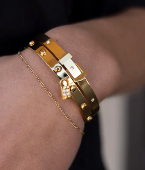  Buckle Bangle Bracelet- Hinged- Stainless Steel - Cuff : Yellow Gold