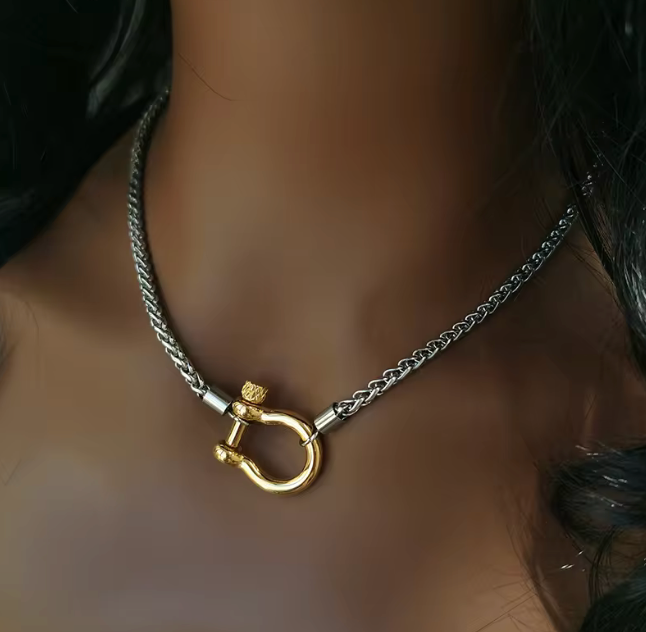 Carabiner horse Bit- Charm-Wheat Chain Stainless Necklace: Two Tone