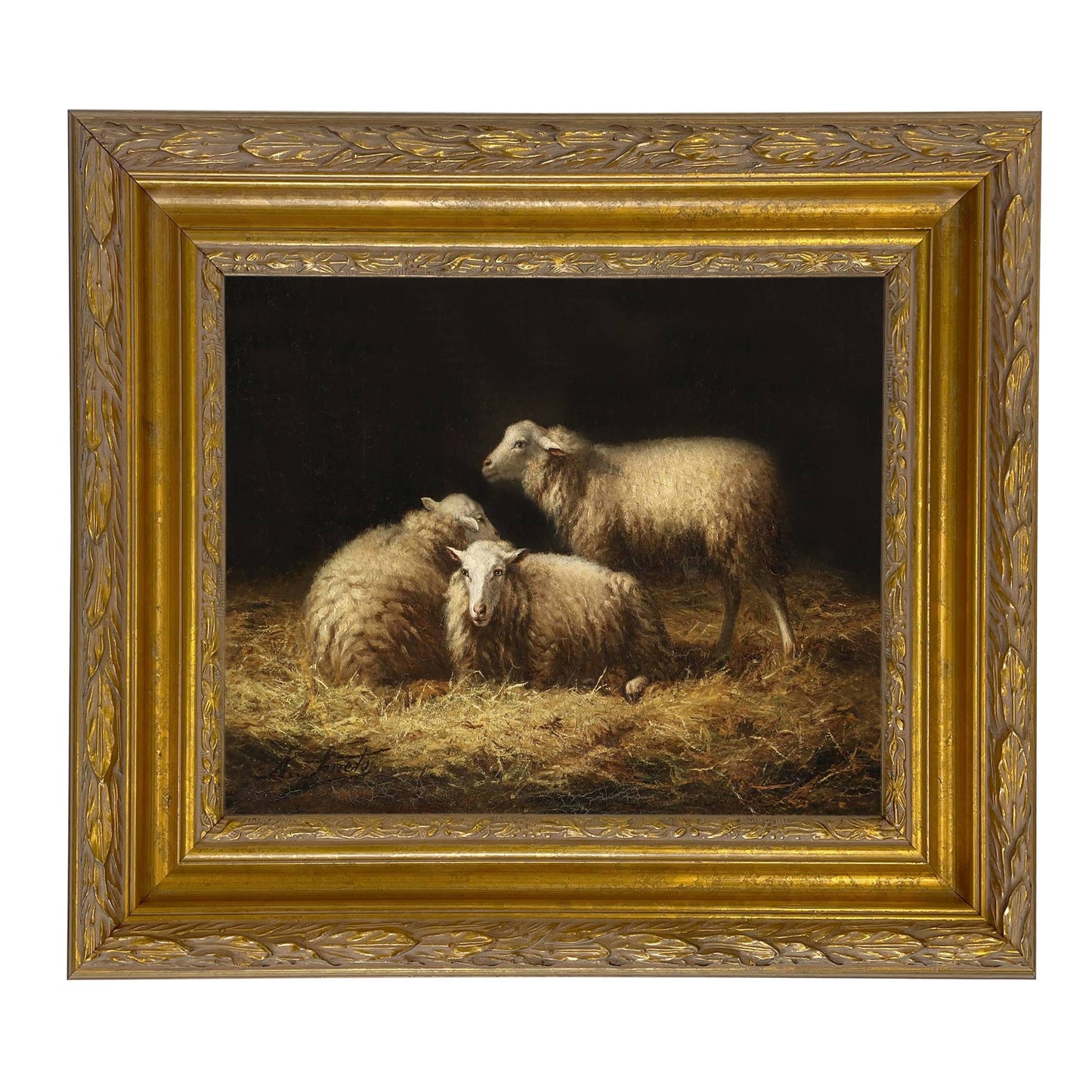 Sheep in the Hay Framed Painting Print on Canvas: Black Distressed / 5" x 6"