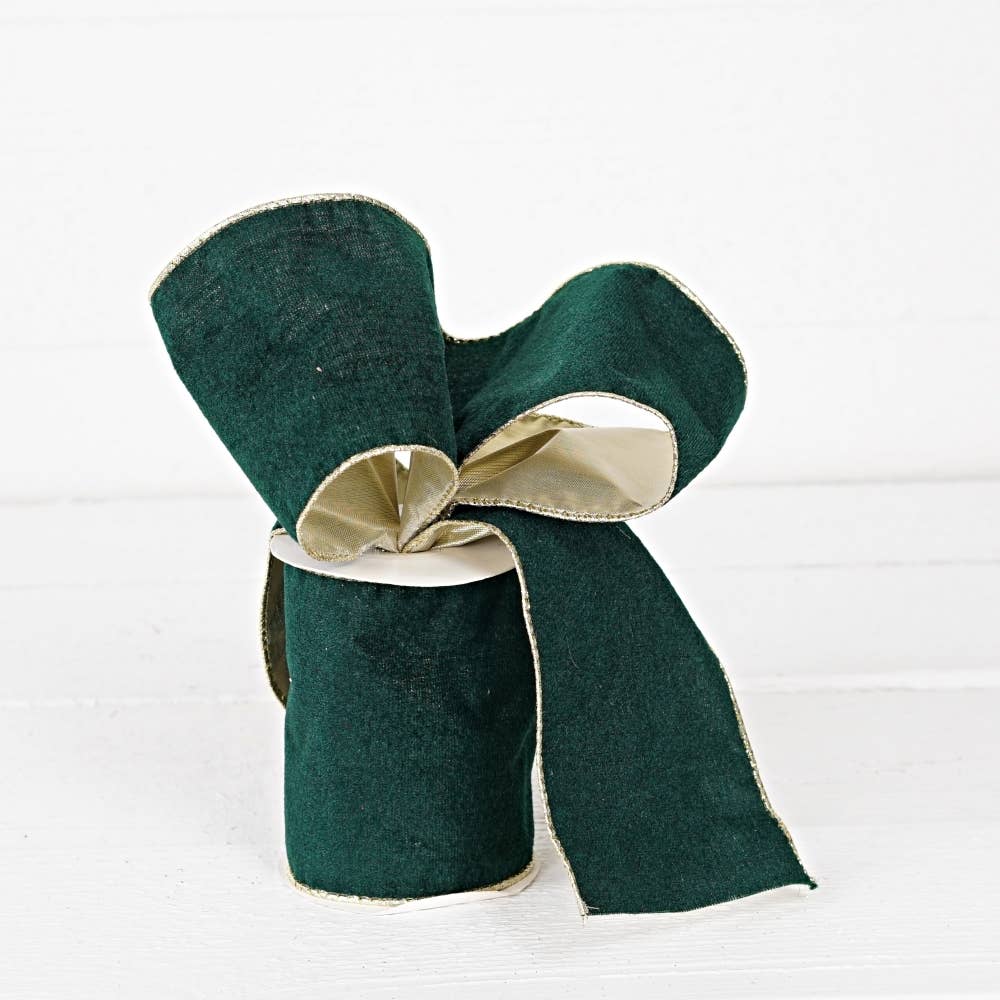R32987-Wired Ribbon-Green hard velvet w. Gold Back (4inW)
